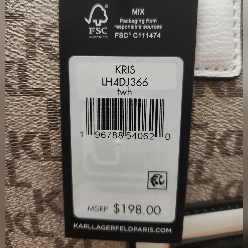 Karl Lagerfeld Leather Beige Monogrammed with White Trim Hand bag Crossbody NWT - Picture 4 of 11